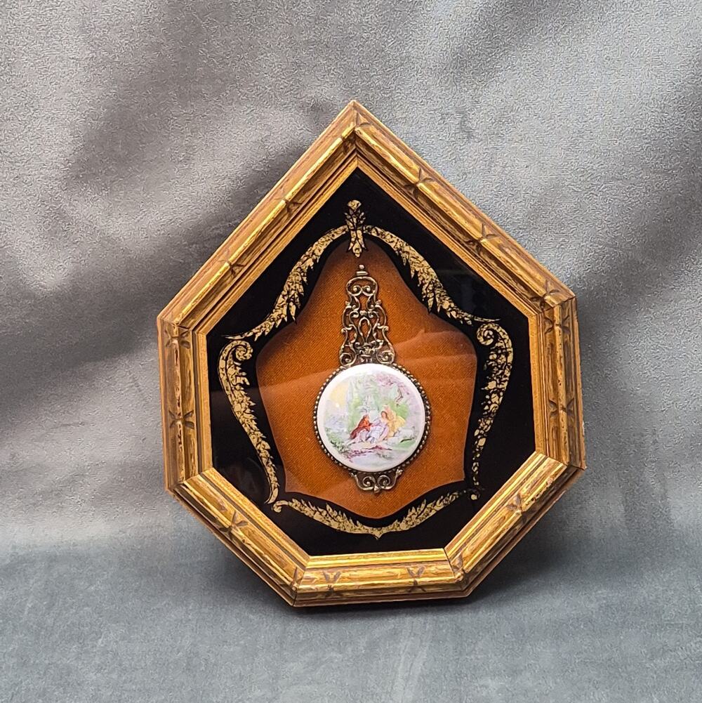 Vintage 1970s Heptagonal Gold Framed Romantic Cameo Fragonard Style Plaque Art